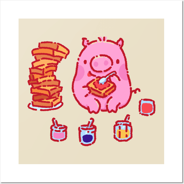 Little pig eating toast with jam Wall Art by Tinyarts